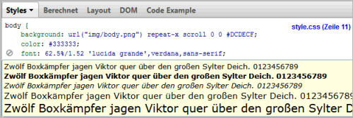 Schrift-Vorschau in Firebug 1.9