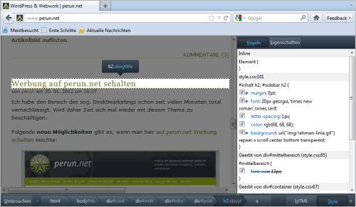 Mozilla Firefox 10: Seiten-Inspektor im Einsatz