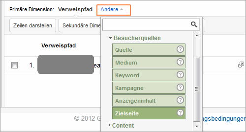 Google Analytics: welche Unterseite steuerten die Besucher eine bestimmten Quellen an