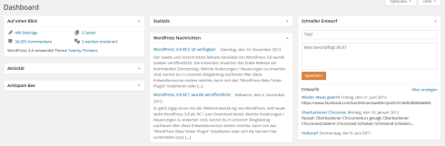 Übersichtliches Dashboard mit deutlich weniger Modulen in WordPress 3.8