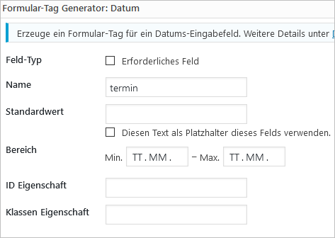 Mit Hilfe des Generators erstellt man einen Formular-Tag für ein Datum-Eingabefeld